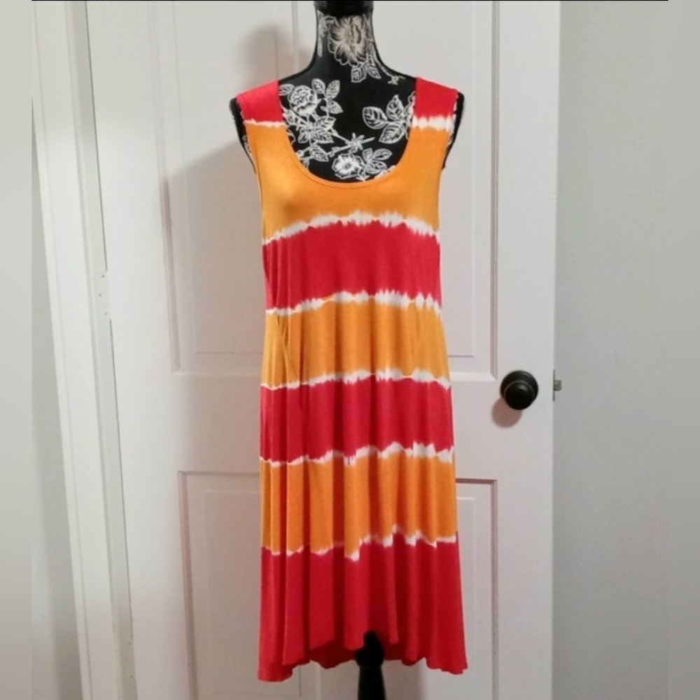 ⛱️Calvin Klein⛱️ - Red/Orange Stripe Tie Dye Stretch High-Low Dress